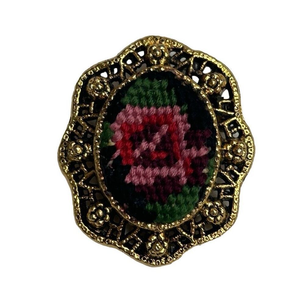 Vintage Embroidered Flower Brooch Gold Pink Needlepoint In Oval Scalloped Frame